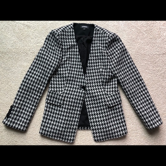 Express Black White Gray Tweed Jacket Blazer Woven Wool Blend 1 Button Jacquard - Picture 10 of 16